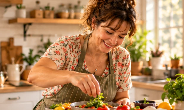 Una mujer preparando comida en una cocina luminosa y acogedora